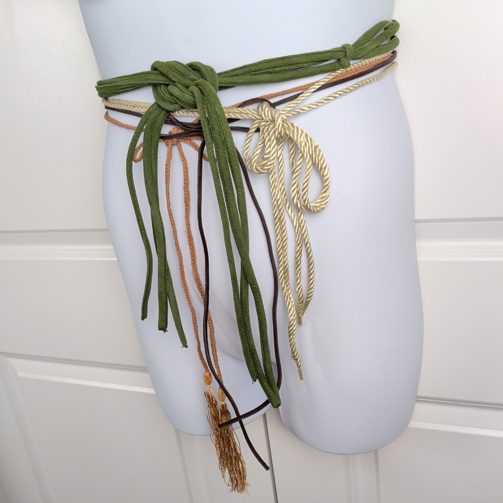 Lot of Tie Skinny Belts Olive‎ Green Brown Boho Tassel Suede Braided Rope Accent